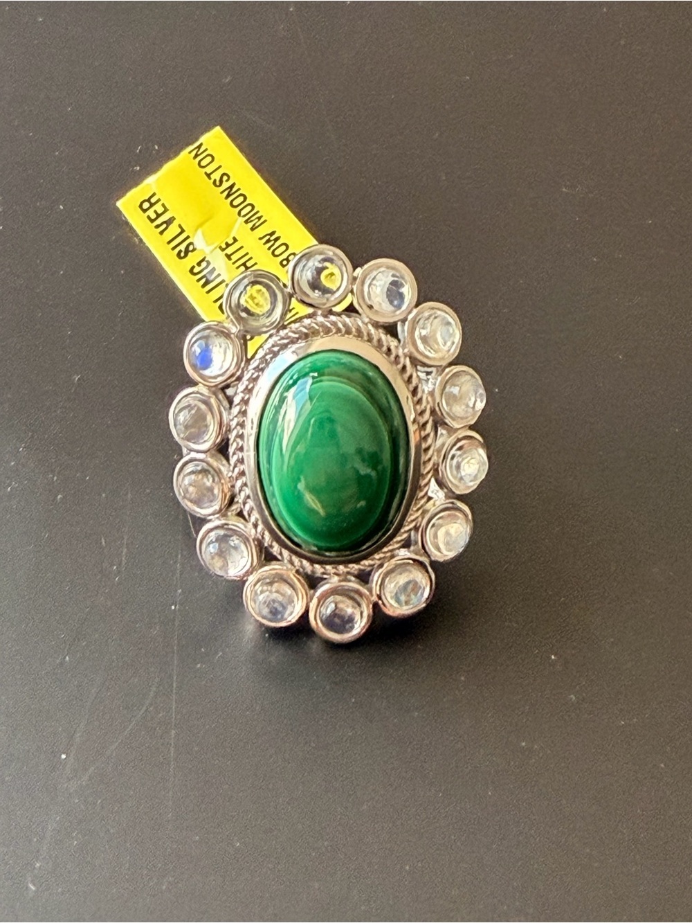 Green Malachite and Rainbow Moonstone Ring 925 Sterling Silver Size 6